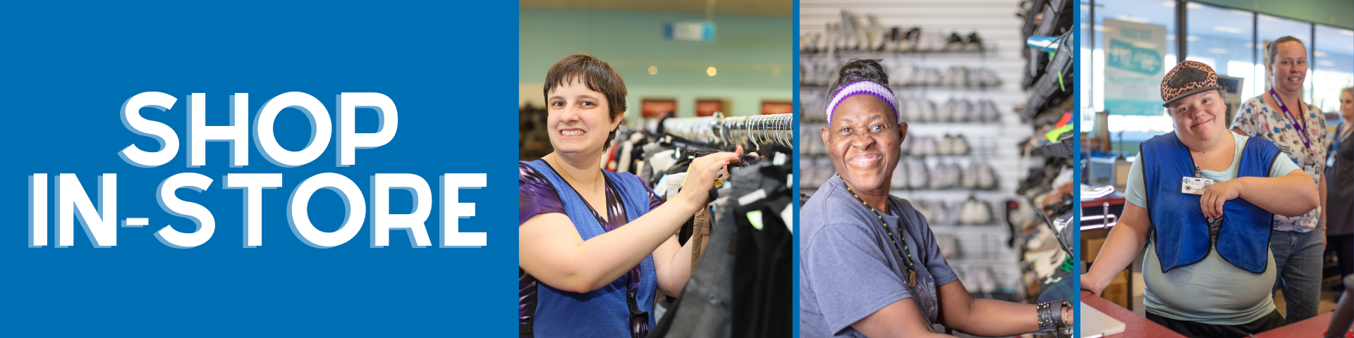 Collage of images of people working at a retail thrift store.