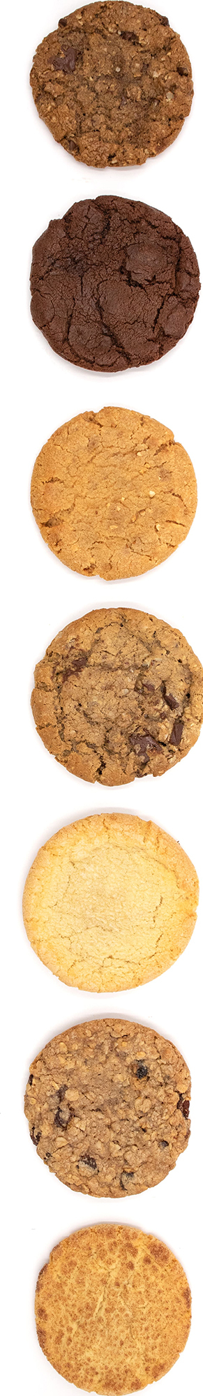 Row of 7 baked cookies.