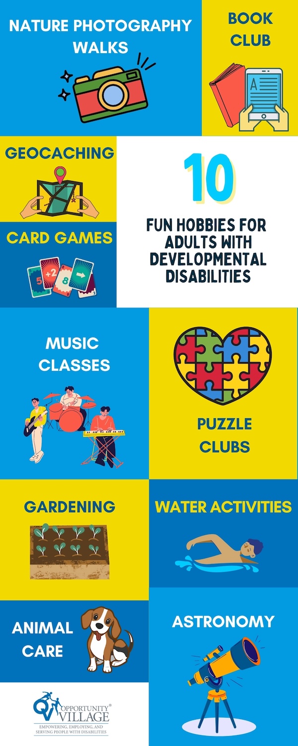 infographic of 10 hobbies for adults with developmental disabilities
