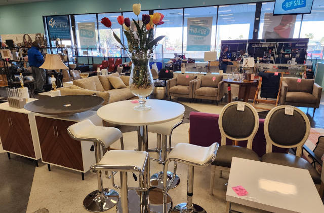 Interior of thrift store in Las Vegas stocked with goods and furniture.