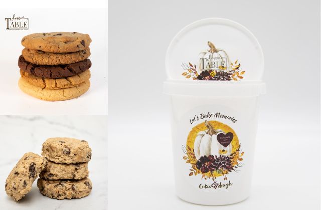 Group of images of stacks of cookies, cookie dough and a white bucket with fall design.