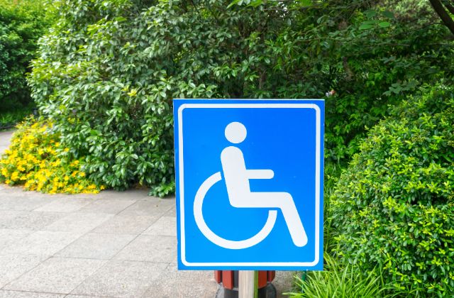 Blue sign with white illustration of a person in a wheelchair with a sidewalk and greenery in the background.