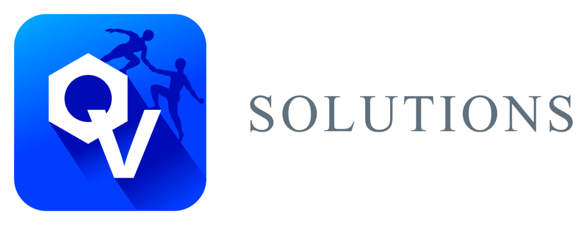 Graphic of an O and V with two figures holding hands next to the word "Solutions",