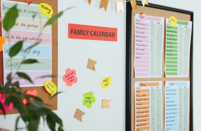 wall with white board of a family calendar 