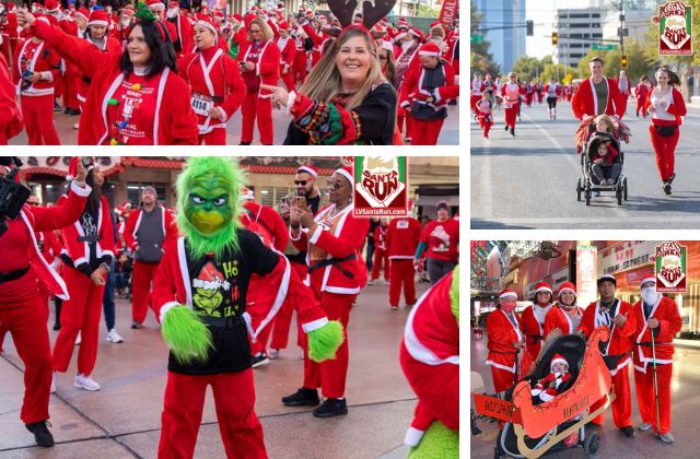 collage of photos of people at the great las vegas santa run
