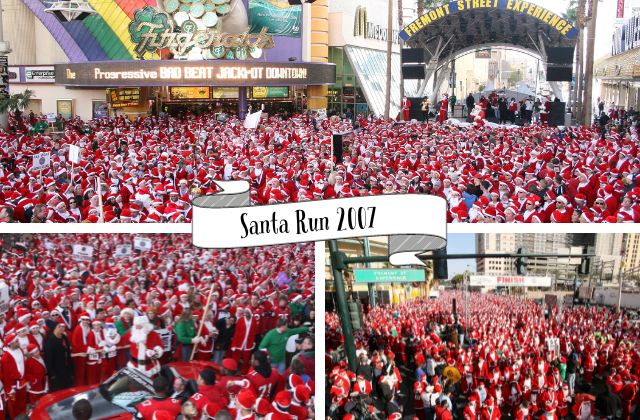 Collage of three photos with people in Santa suits in downtown Las Vegas in the year 2007