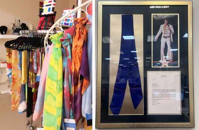 two images: one of colorful scarves hung in a store, the second of a framed picture of a blue scarf with a picture of Elivs Presley next to it along with a typed letter