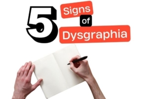 photo of someone writing in a notebook with the text '5 signs of dysgraphia' above the image.