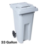 large, white garbage canister with the text '33 gallon' next to it