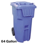 large, blue garbage canister with the text '64 gallon' next to it