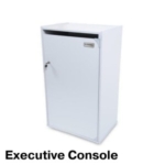 white shredding cabinet with the text 'executive console' next to it.