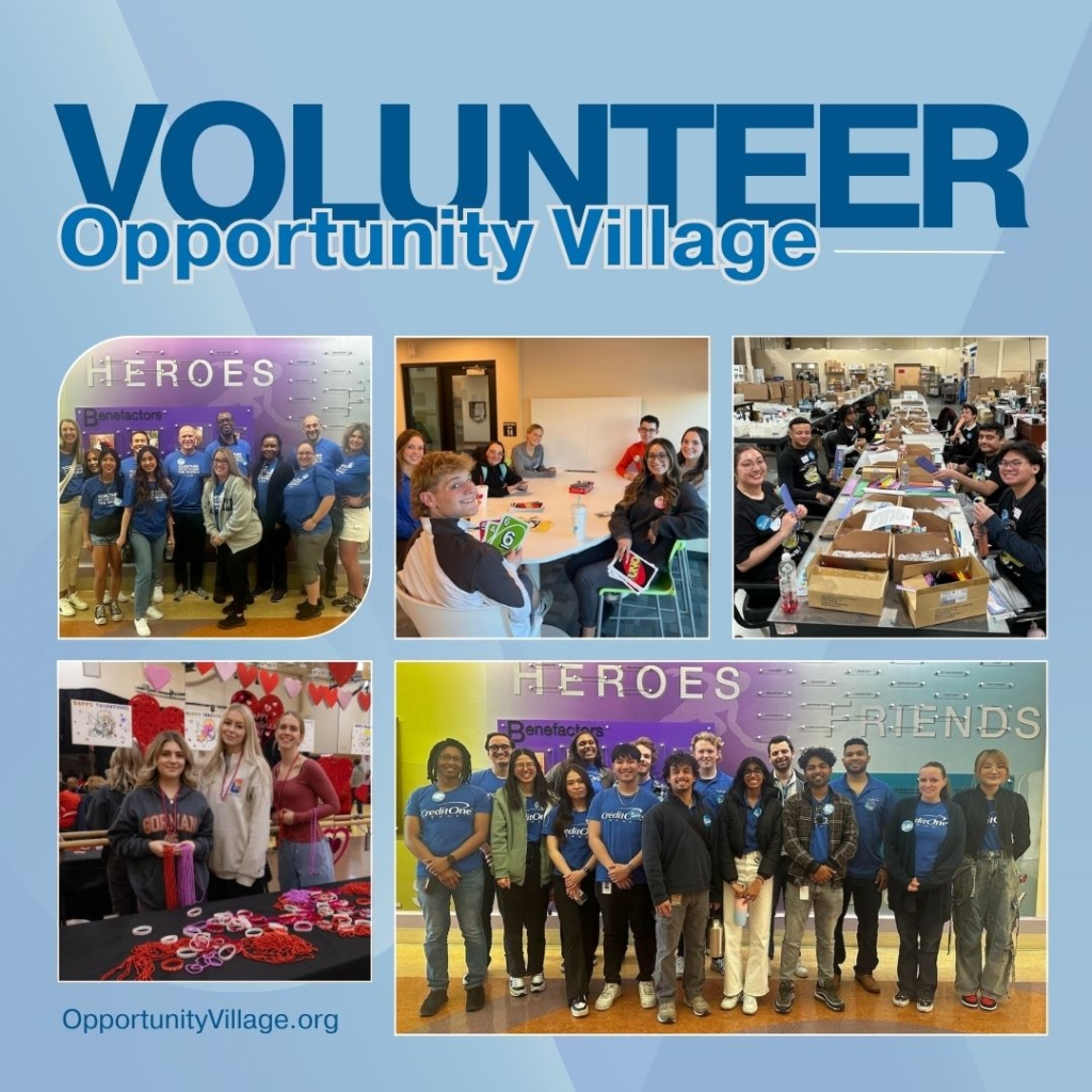 the text 'volunteer opportunity village' with a collage of five photos showing people volunteering in groups