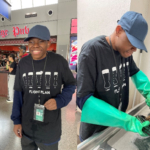 two photos of a person standing outside a pub and washing dishes inside the kitchen