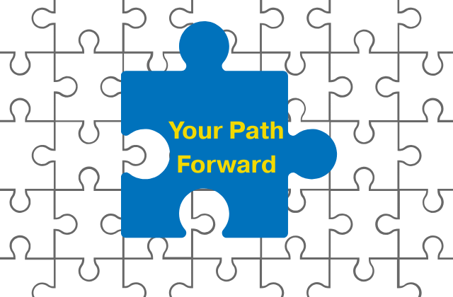 blue puzzle piece with the text 'your path forward' in the center