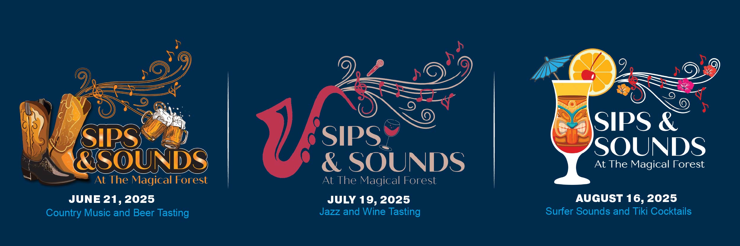 2025 – Sips and Sounds Web Graphics – 600px by 200px Opportunity Village's Sips & Sounds at the Magical Forest Summer Series