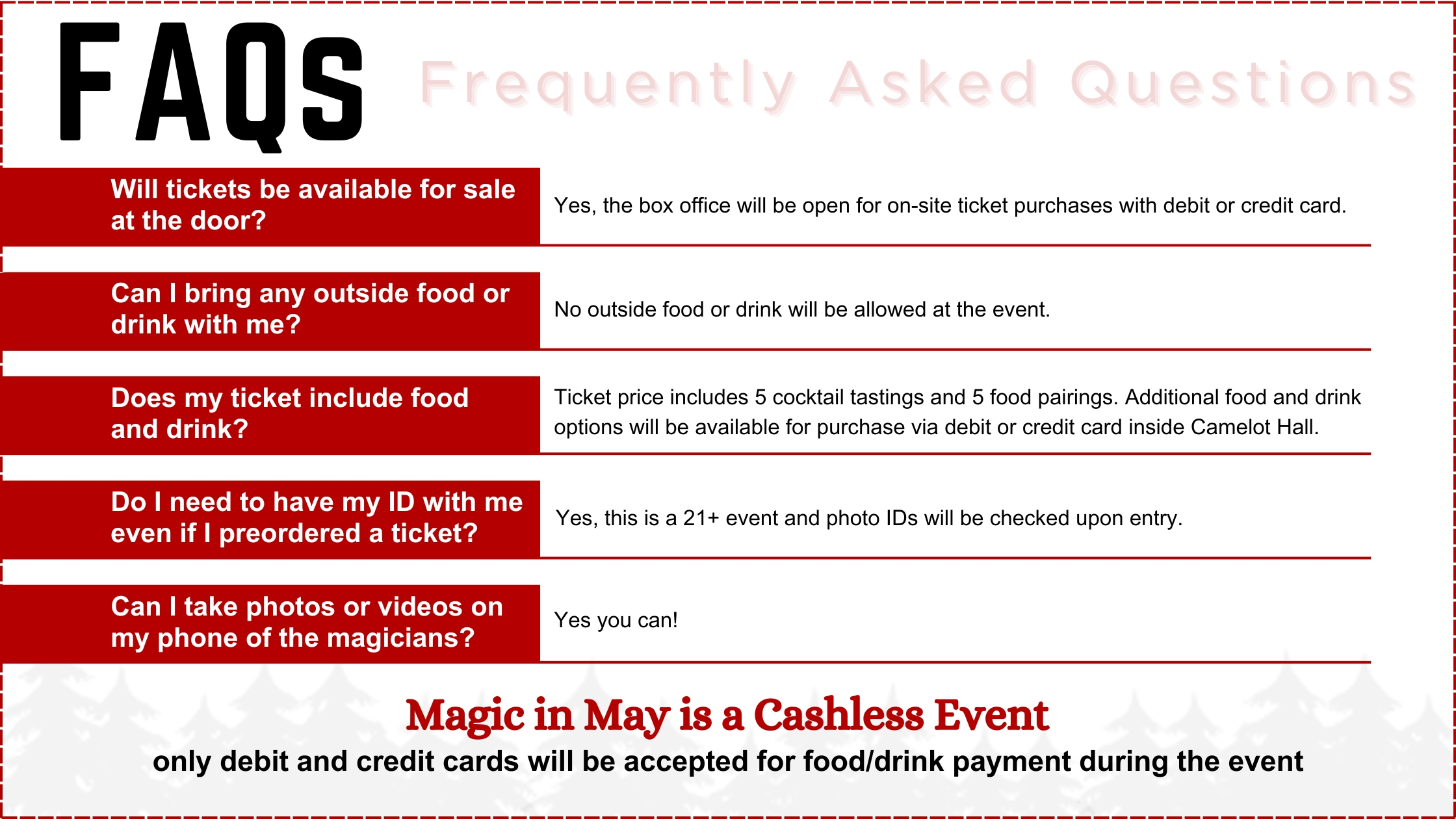 A text graphic that shares FAQs for Magic in May at the Magical Forest