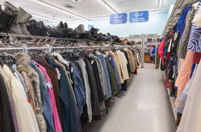 clothing racks at opportunity village thrift store