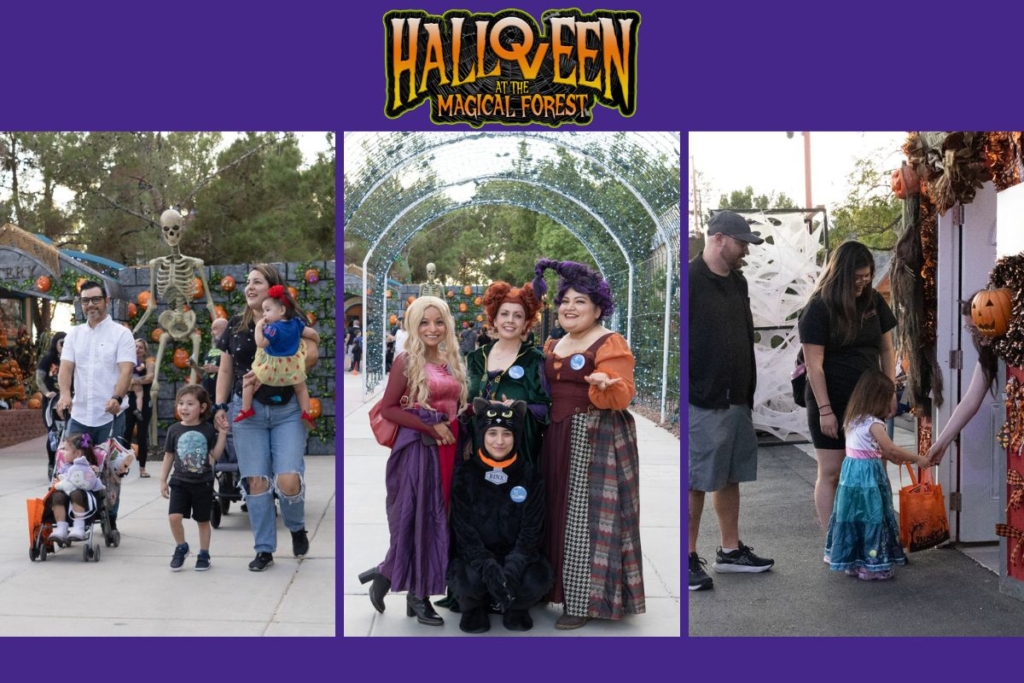 collage of three photos of people at a halloween event in las vegas, a logo for Halloveen at the Magical forest at the top.
