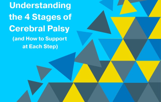 colorful graphic of blue and yellow triangles, with the text "Understanding the 4 Stages of Cerebral Palsy — and How to Support at Each Step" on the left