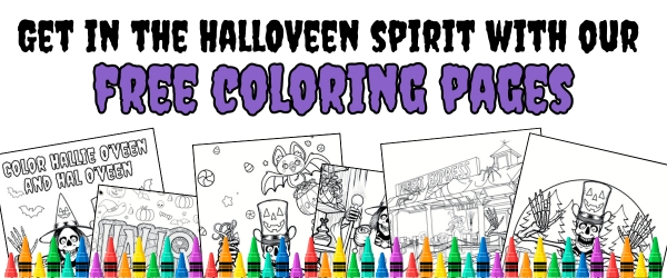 illustrations of halloween coloring page with crayons and the text 'get in the halloveen spirit, free coloring pages' at the top