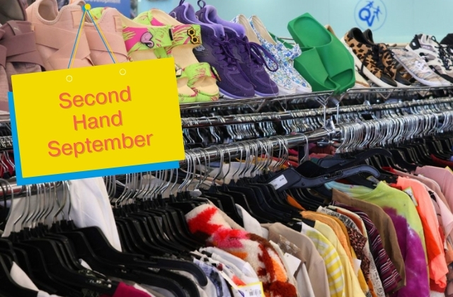 rack of clothing and shoes at a thrift shop with a graphic of a shop sign that reads "second hand september"