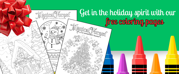 holiday-Coloring-Pages-Promo image of coloring pages and crayons with the text 'get into the holiday spirit with our free coloring pages"