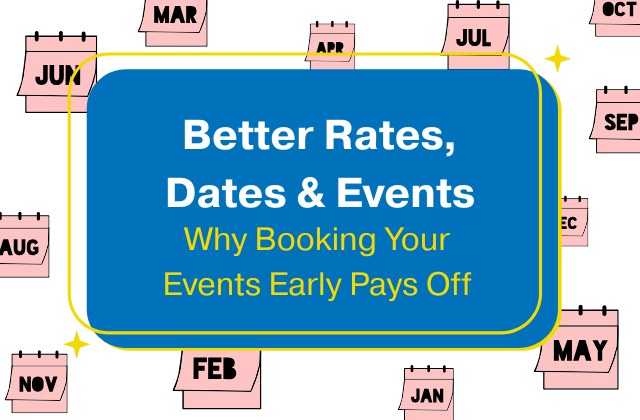 event-venue-planning-feature floating calendars with the text 'better rates, dates, & events: why planning your events early pays off" in a blue rectangle shape in the center