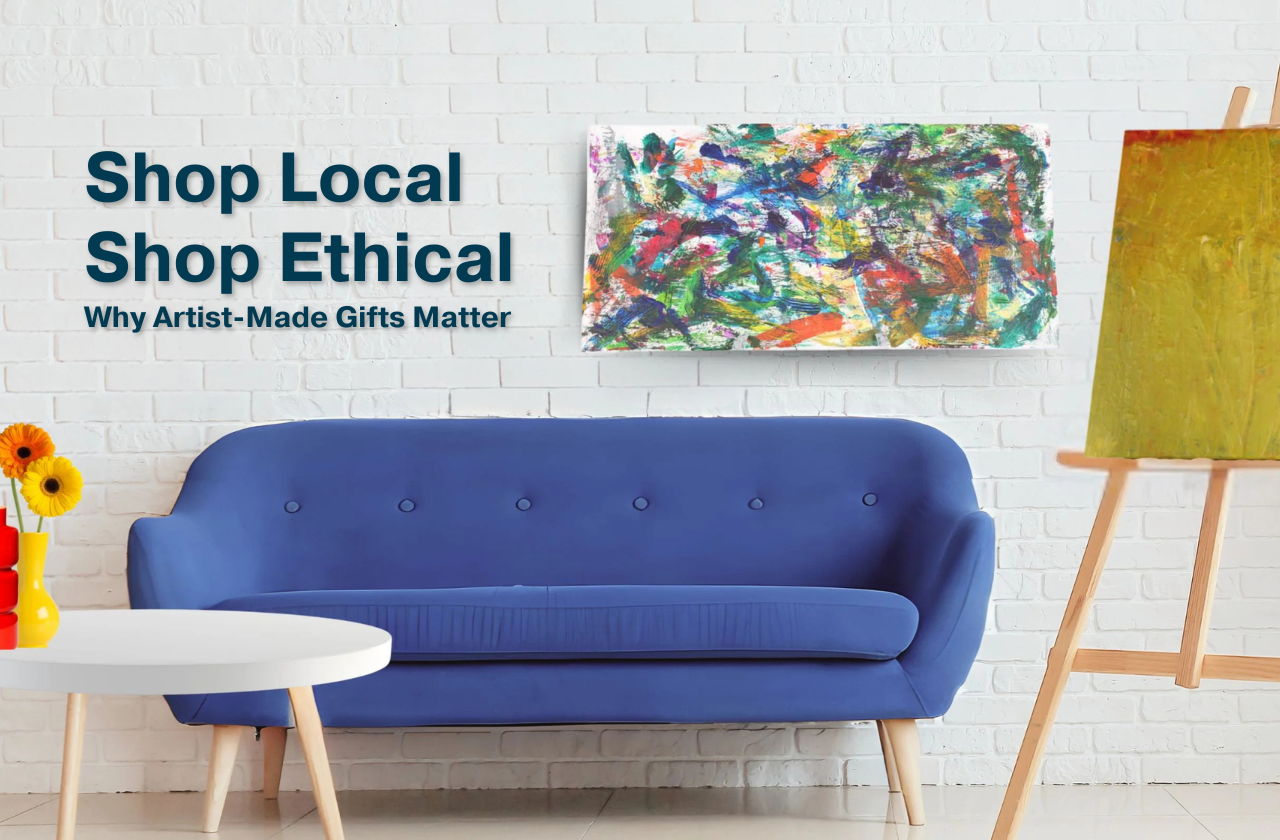 This interior scene features bold typography on a white brick wall that highlights the value of choosing an artist-made gift as a way to support local and ethical shopping.