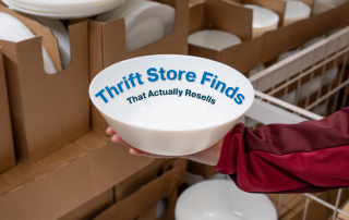 White bowl in thrift shop with words inside that say Thrift Store Finds That Actually Resells.