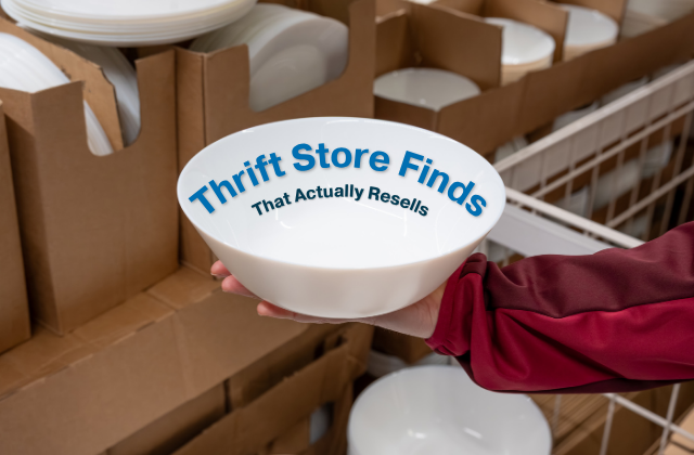 White bowl in thrift shop with words inside that say Thrift Store Finds That Actually Resells.