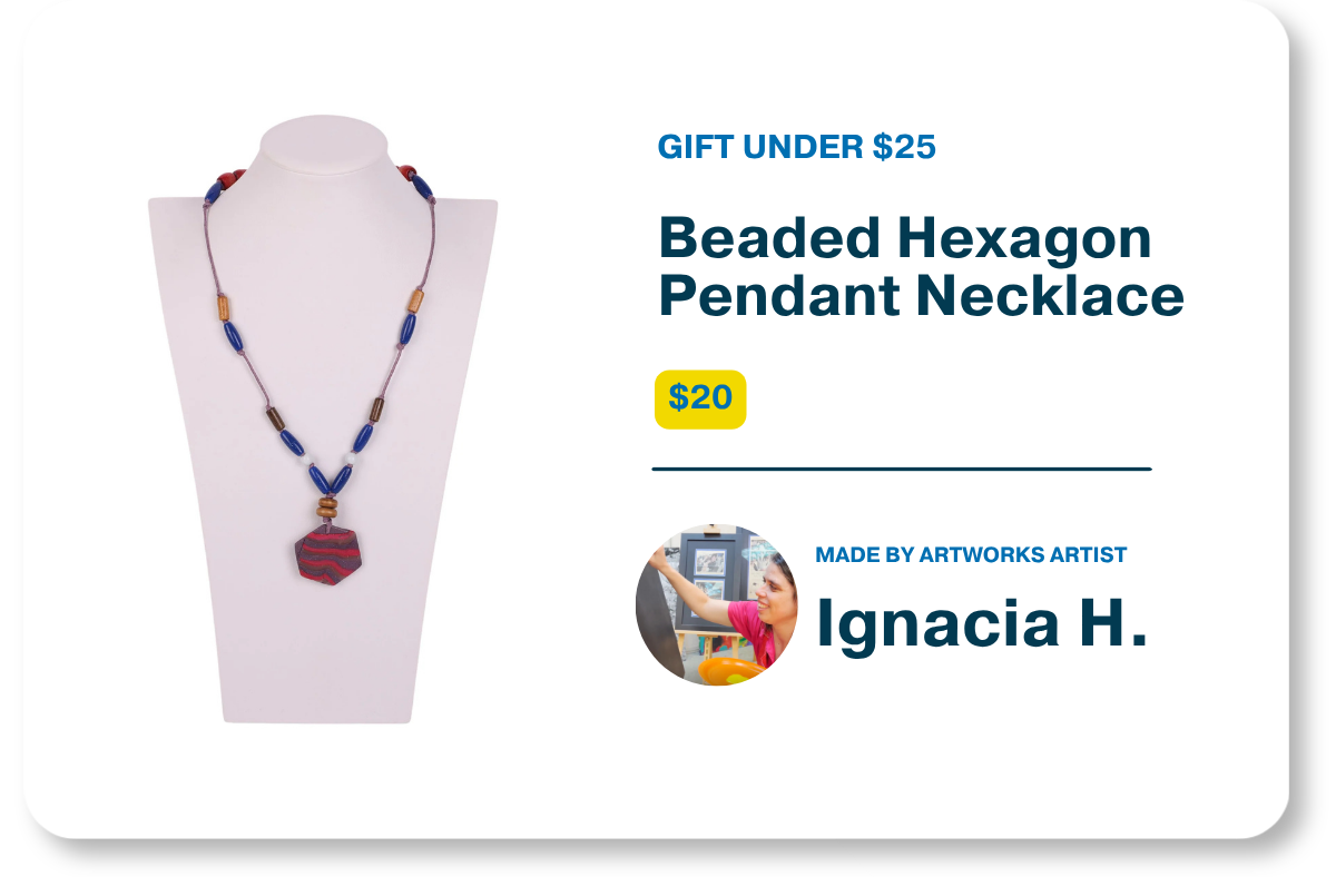 Product graphic for Gifts Under $25 showcasing the $20 "Beaded Hexagon Pendant Necklace" featuring a striped hexagonal pendant and colorful beads alongside product details and a profile photo of artist Ignacia H.
