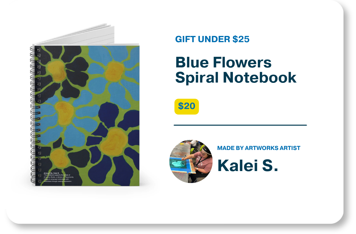Product graphic for Gifts Under $25 showcasing the $20 "Blue Flowers Spiral Notebook" featuring a vibrant blue and yellow floral design alongside product details and a profile photo of artist Kalei S.