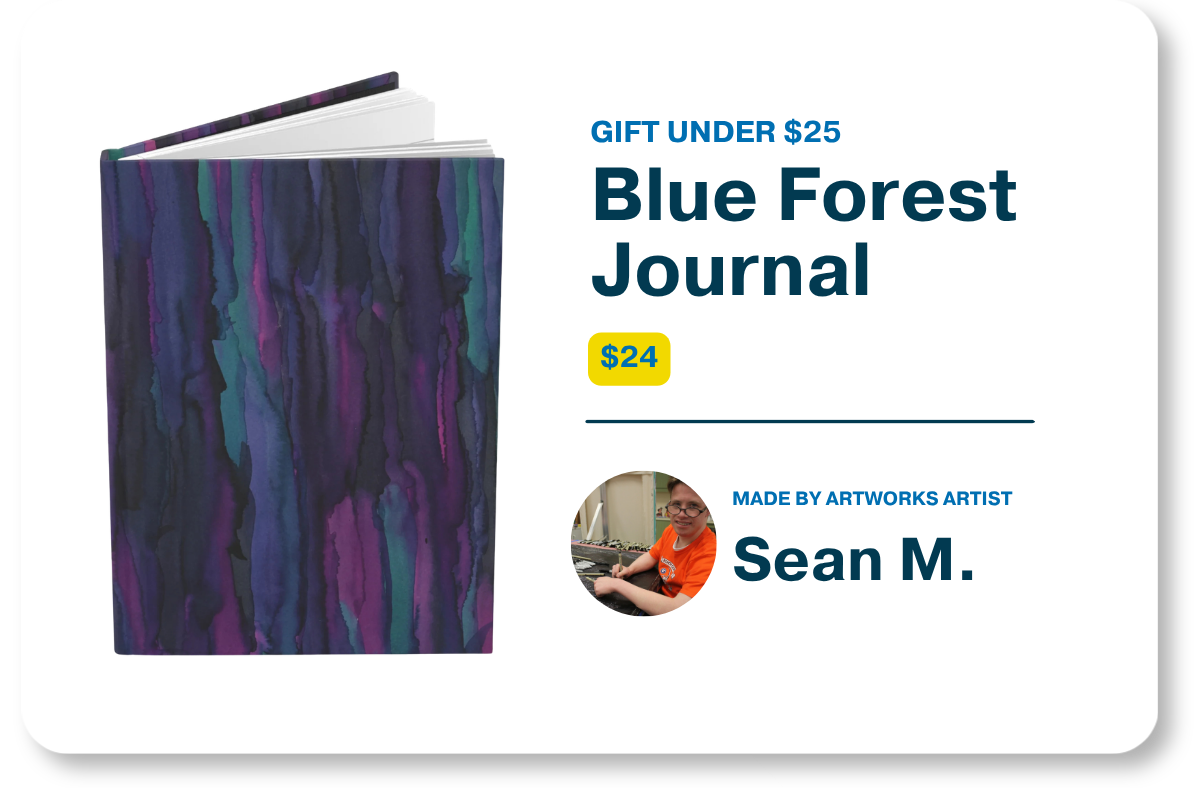 Product graphic for Gifts Under $25 showcasing the $24 "Blue Forest Journal" with a dark blue and purple watercolor cover alongside product details and a profile photo of artist Sean M.