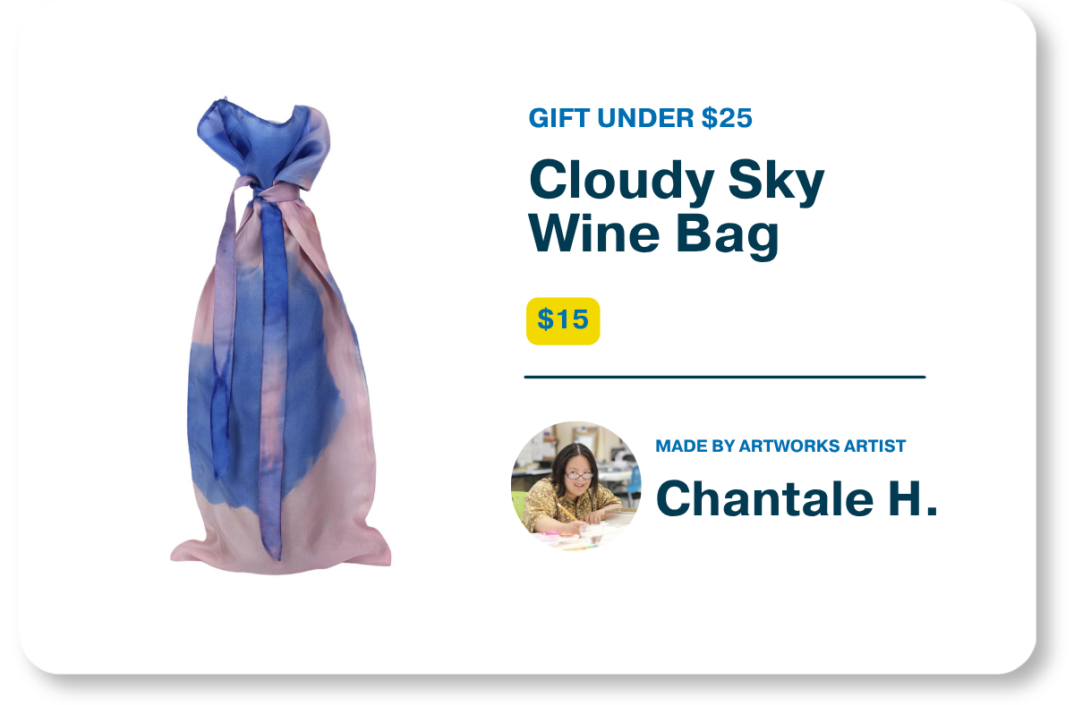Product graphic for Gifts Under $25 showcasing the $15 "Cloudy Sky Wine Bag" featuring a blue and pink cloudy-patterned fabric tied with a ribbon alongside product details and a profile photo of artist Chantale H.