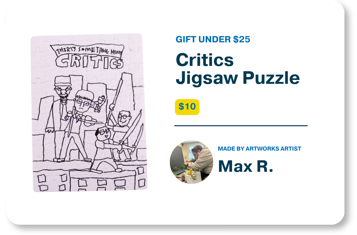 Product graphic for Gifts Under $25 showcasing the $10 "Critics Jigsaw Puzzle" featuring a black and white cartoon illustration of characters on a city rooftop alongside product details and a profile photo of artist Max R.