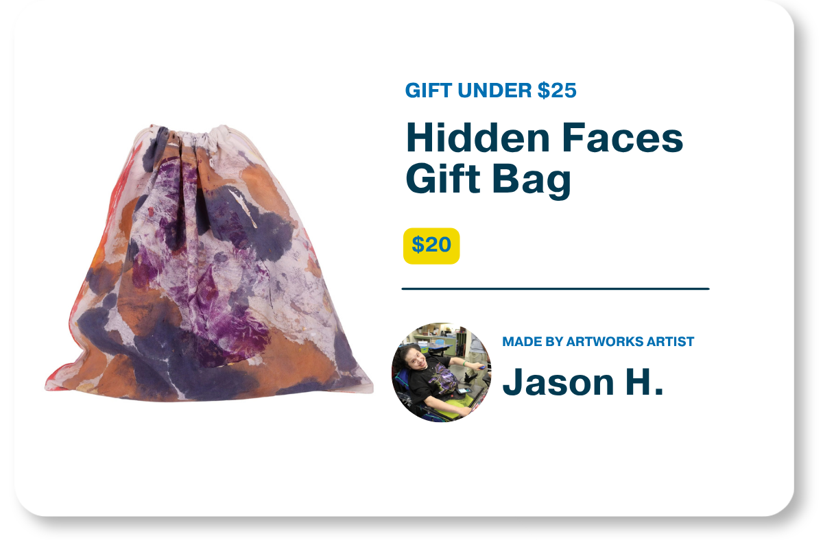 Product graphic for Gifts Under $25 showcasing the $20 "Hidden Faces Gift Bag" featuring a multicolored abstract painted fabric pattern alongside product details and a profile photo of artist Jason H.