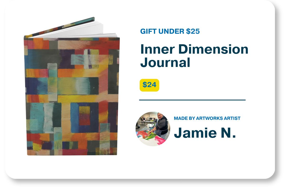 Product graphic for Gifts Under $25 showcasing the $24 "Inner Dimension Journal" with a multicolored geometric abstract cover alongside product details and a profile photo of artist Jamie N.