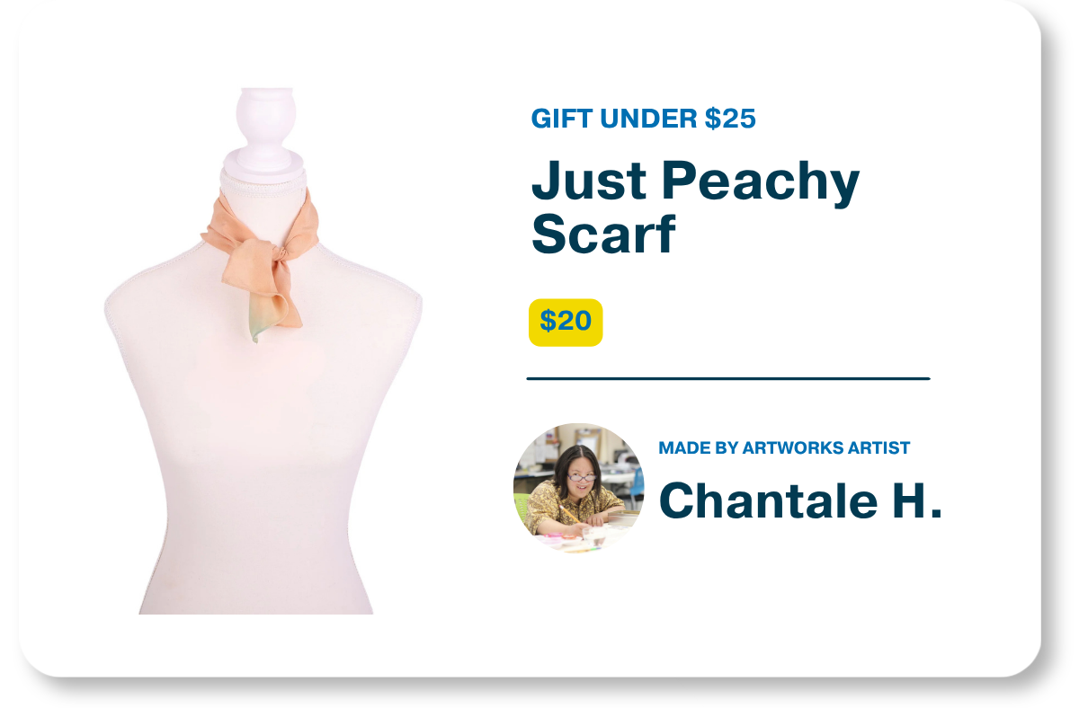 Product graphic for Gifts Under $25 showcasing the $20 "Just Peachy Scarf" tied around a mannequin bust alongside product details and a profile photo of artist Chantale H.