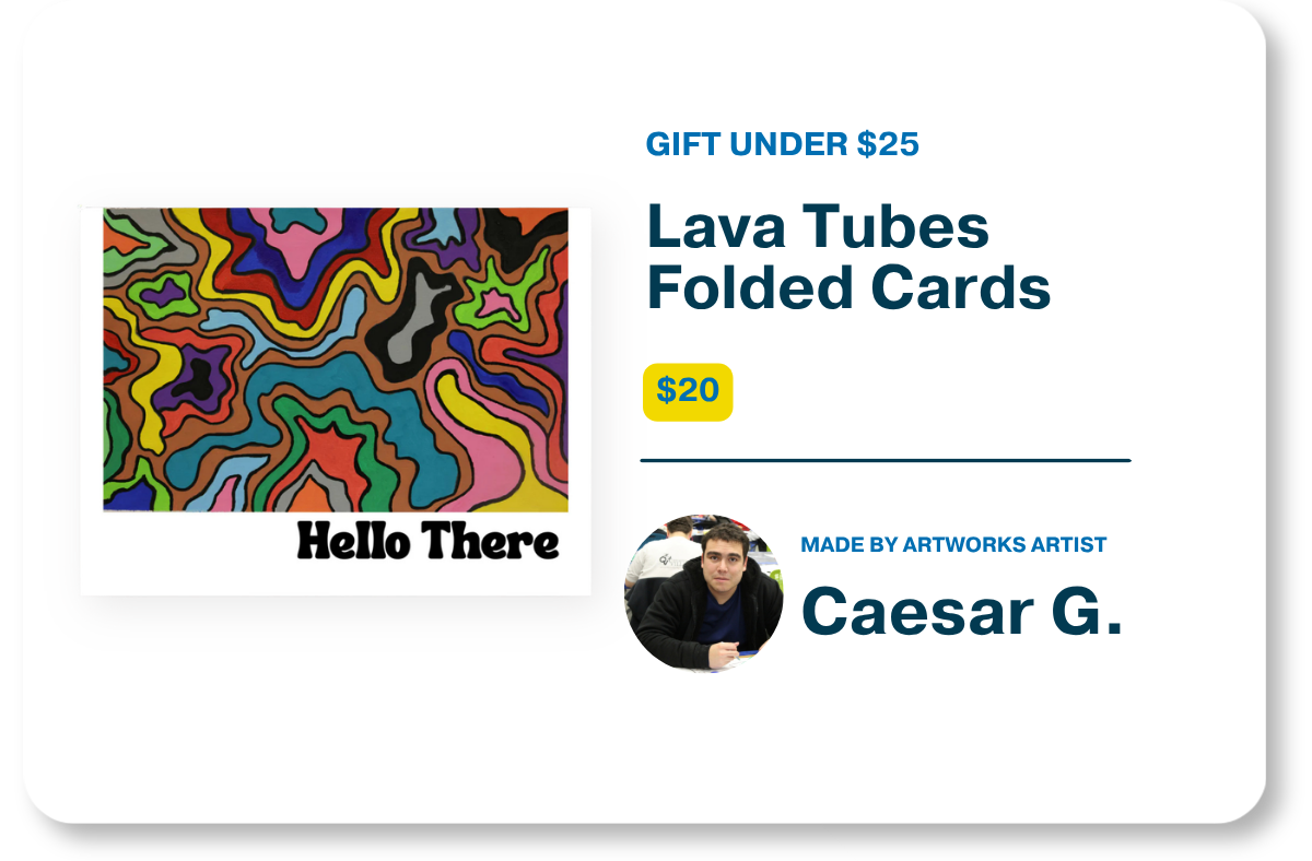 Product graphic for **gifts-under-25-lava-tubes-cards.jpg** showcasing the $20 "Lava Tubes Folded Cards" with a multicolored abstract wavy design and the text "Hello There" alongside product details and a profile photo of artist Caesar G.