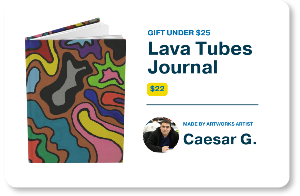 Product graphic for the $22 "Lava Tubes Journal," showcasing a hardcover notebook with a multicolored abstract pattern next to product details and a profile photo of artist Caesar G.