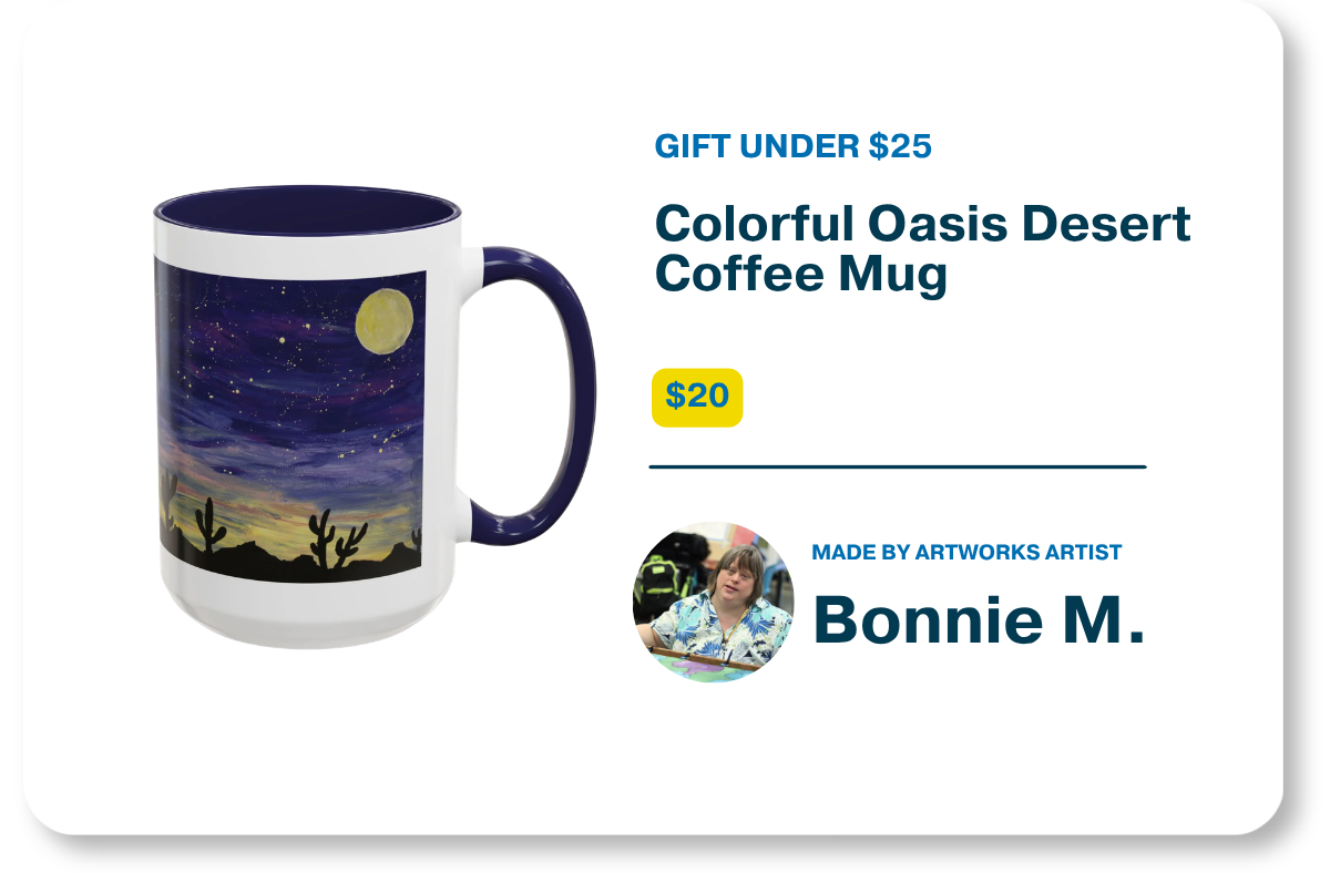 Product graphic for Gifts Under $25 showcasing the $20 "Colorful Oasis Desert Coffee Mug" with a starry desert landscape design alongside product details and a profile photo of artist Bonnie M.