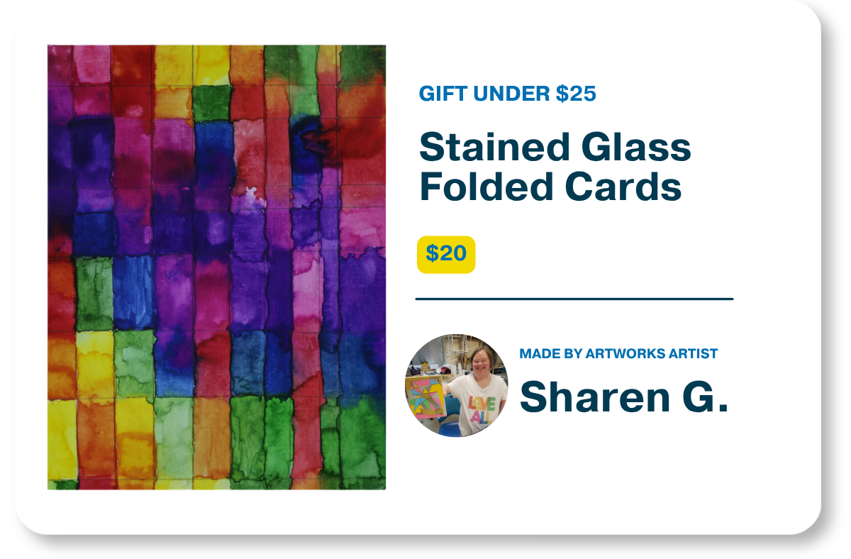 Product graphic for gifts-under-25-stained-glass-cards.jpg showcasing the $20 "Stained Glass Folded Cards" with a vibrant, grid-like multicolored watercolor design alongside product details and a profile photo of artist Sharen G.