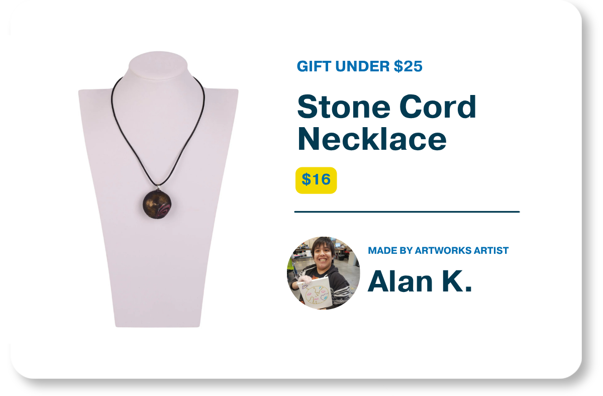 Product graphic for Gifts Under $25 showcasing the $16 "Stone Cord Necklace" with a round, dark pendant on a black cord alongside product details and a profile photo of artist Alan K.