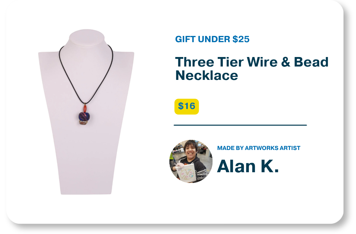 Product graphic for Gifts Under $25 showcasing the $16 "Three Tier Wire & Bead Necklace" with a stacked bead pendant on a black cord alongside product details and a profile photo of artist Alan K.