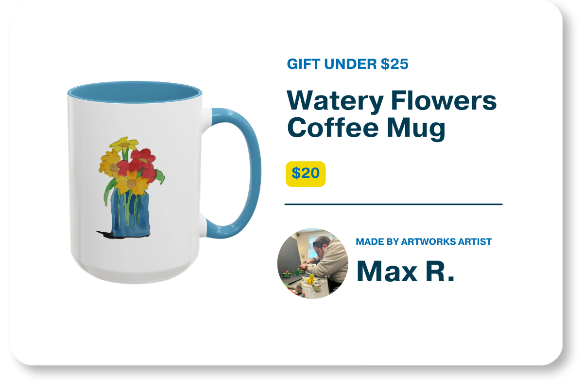Product graphic for Gifts Under $25 showcasing the $20 "Watery Flowers Coffee Mug" with a watercolor illustration of flowers in a blue vase alongside product details and a profile photo of artist Max R.